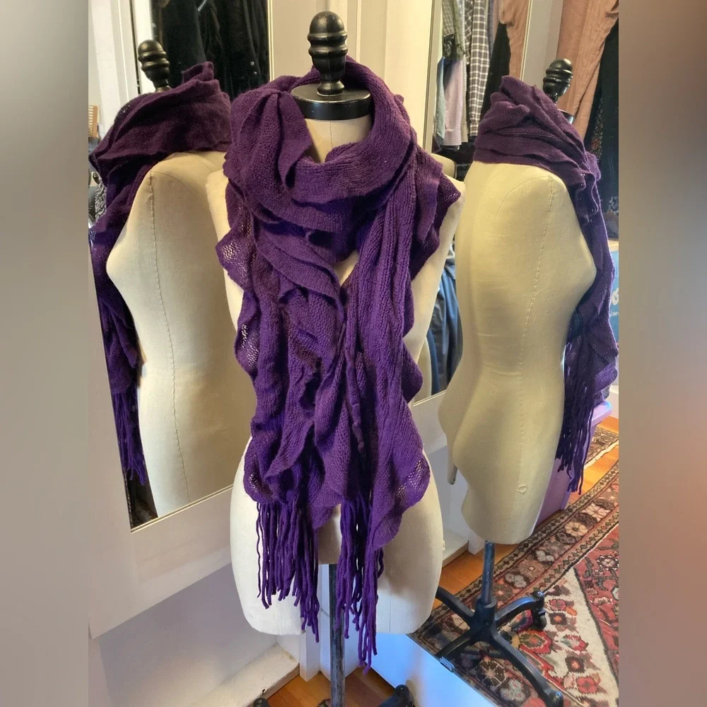 Ruffled Fringe Purple Knit Scarf